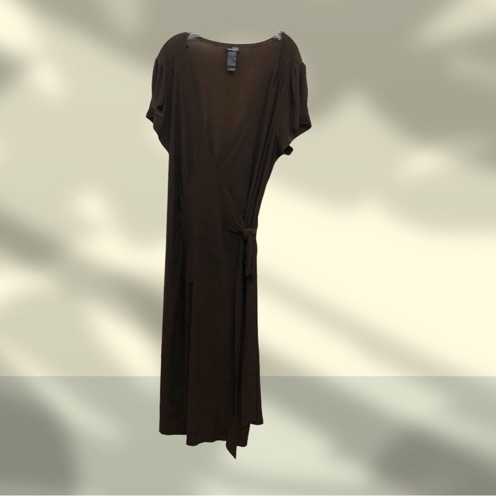 Bisou Bisou Short Sleeve V-Neck Midi Wrap Dress Women's Plus Size 24 Brown